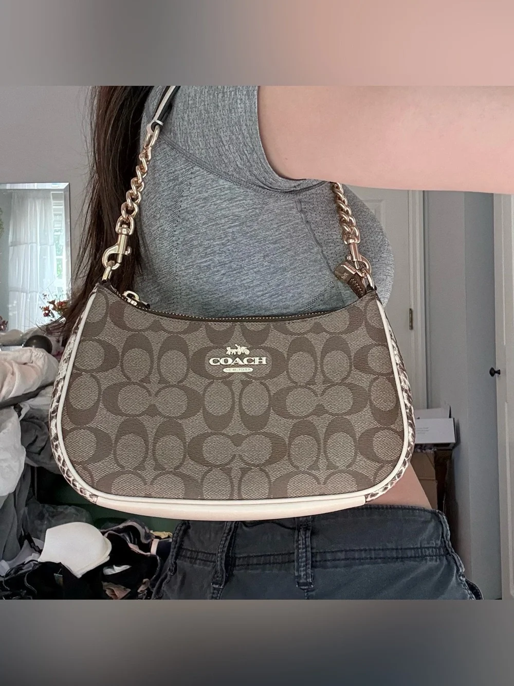 Coach Teri Shoulder Bag CC323 in Signature Canvas/Embossed Snakeskin EUC